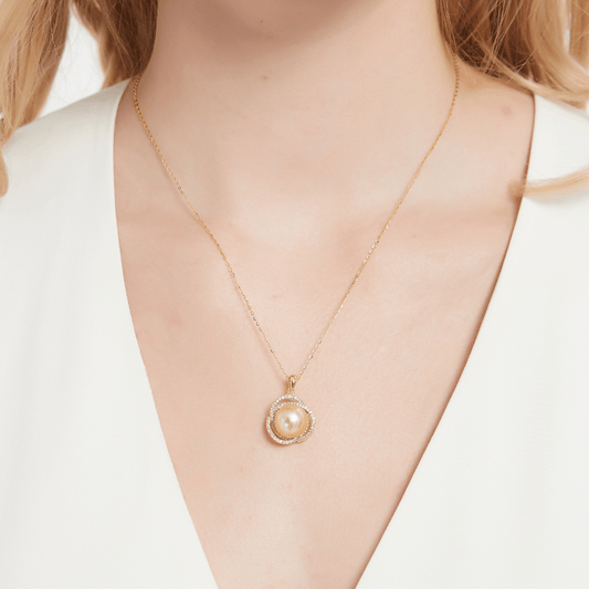 Rose Pendant Necklace with Golden South Sea Pearl and CZ