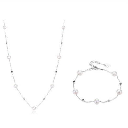 Pearl Necklace and Bracelet Set in Gold or Silver