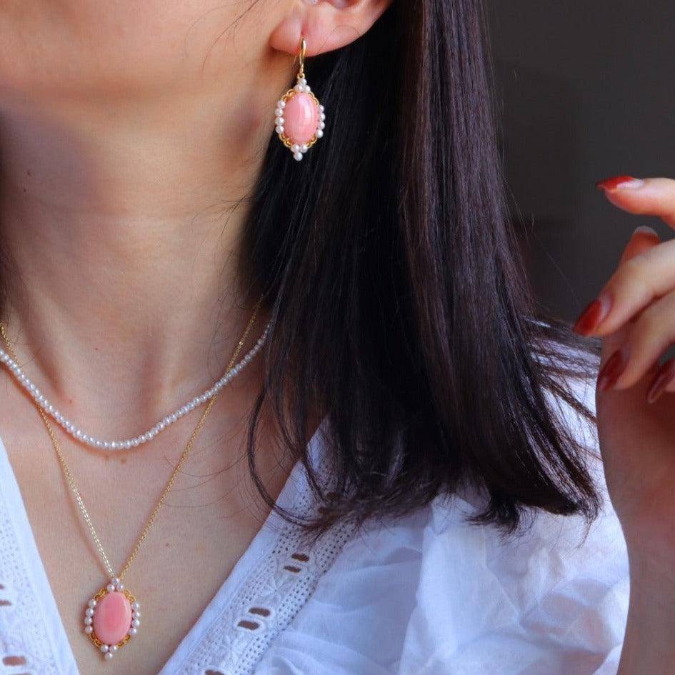 Pink Conch Shell Pearl Earrings and Necklace Set