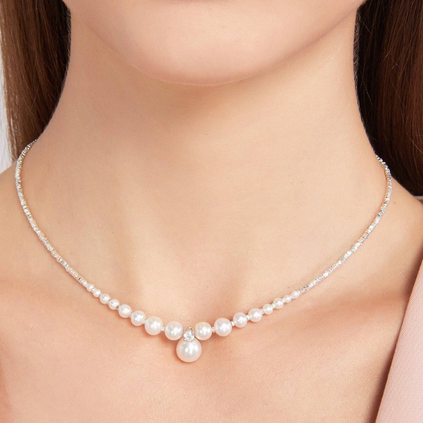 Silver Shards Necklace with Pearl Pendant