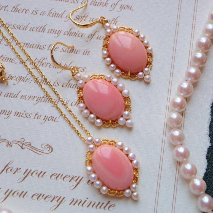 Pink Conch Shell Pearl Earrings and Necklace Set