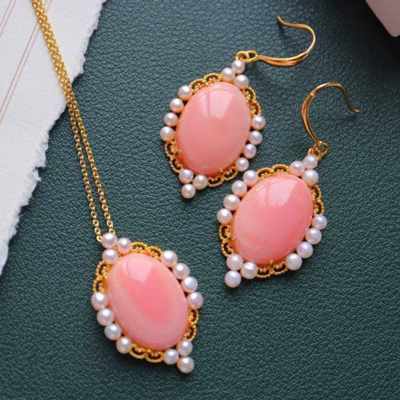 Pink Conch Shell Pearl Earrings and Necklace Set