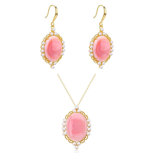 Pink Conch Shell Pearl Earrings and Necklace Set