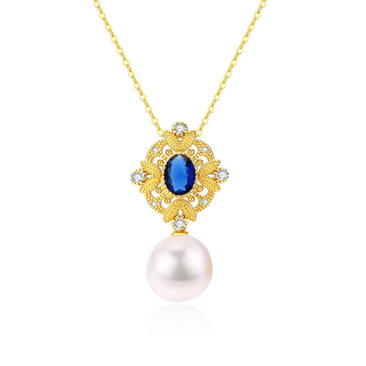 Vintage Baroque Pearl Necklace with Sapphire and Gold Vermeil