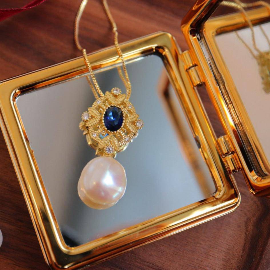 Vintage Baroque Pearl Necklace with Sapphire and Gold Vermeil