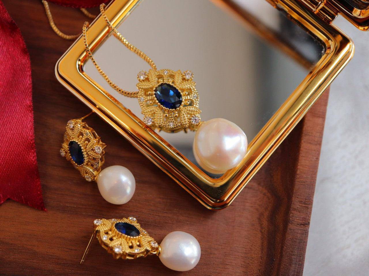 Vintage Baroque Pearl Necklace with Sapphire and Gold Vermeil