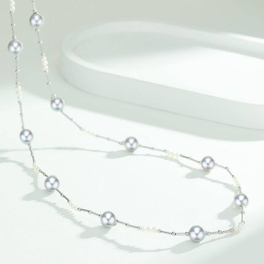 Blue Seawater Beaded Pearl Necklace in Silver