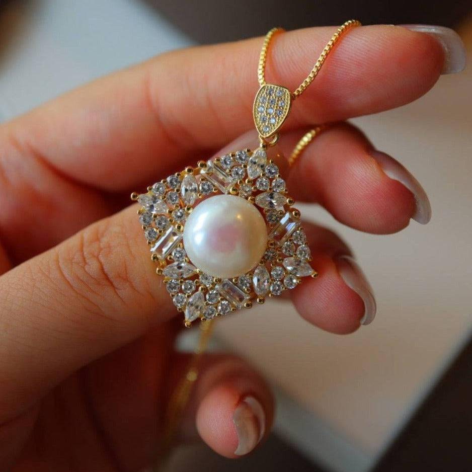 Square Pendant Set with CZ and White Freshwater Pearl