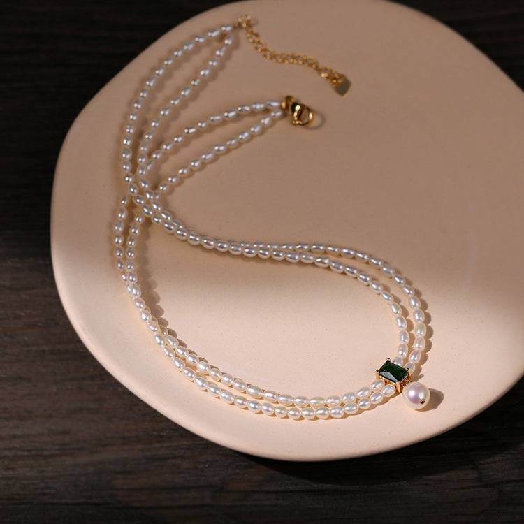 Slim Freshwater Pearl Double Strand Necklace with Emerald