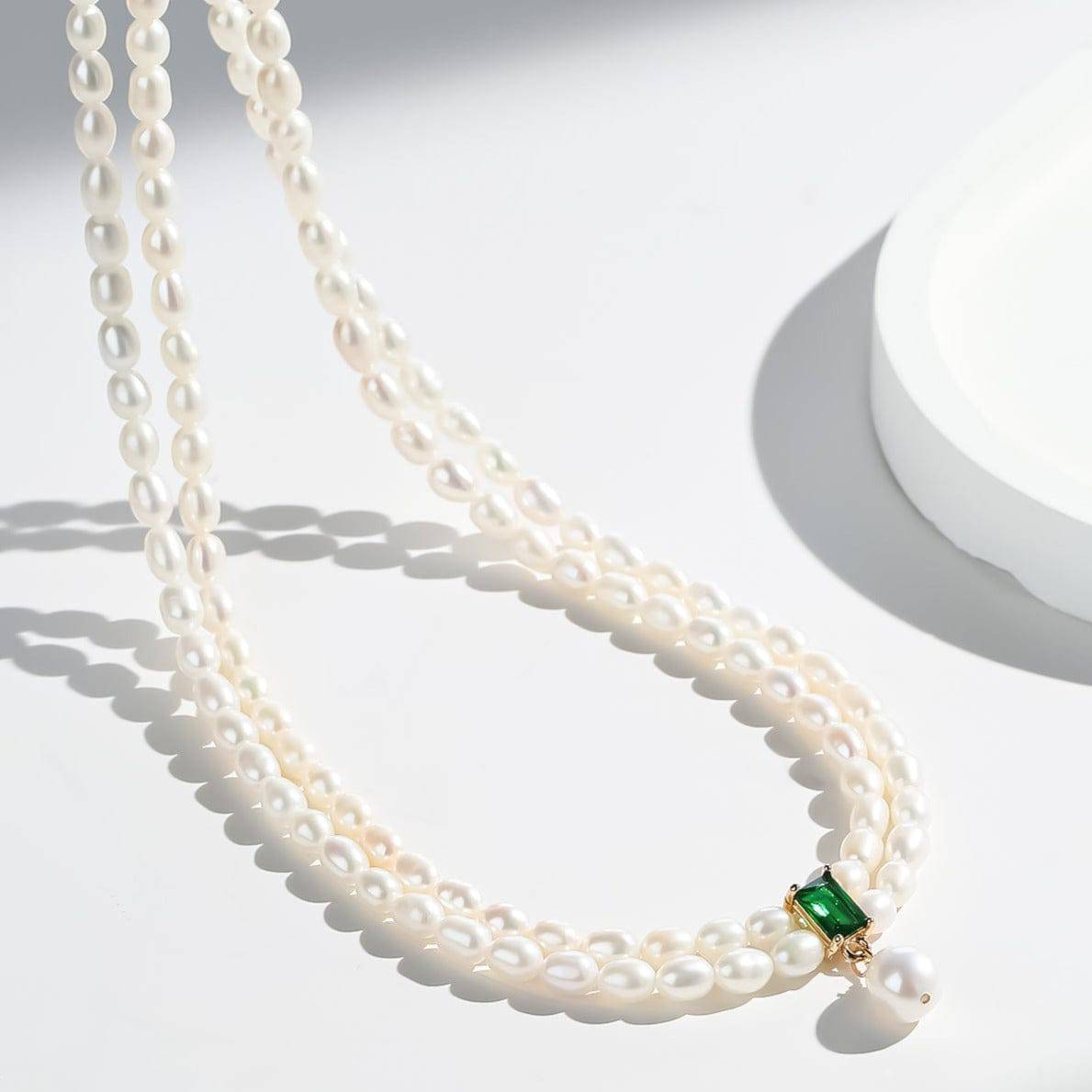 Slim Freshwater Pearl Double Strand Necklace with Emerald