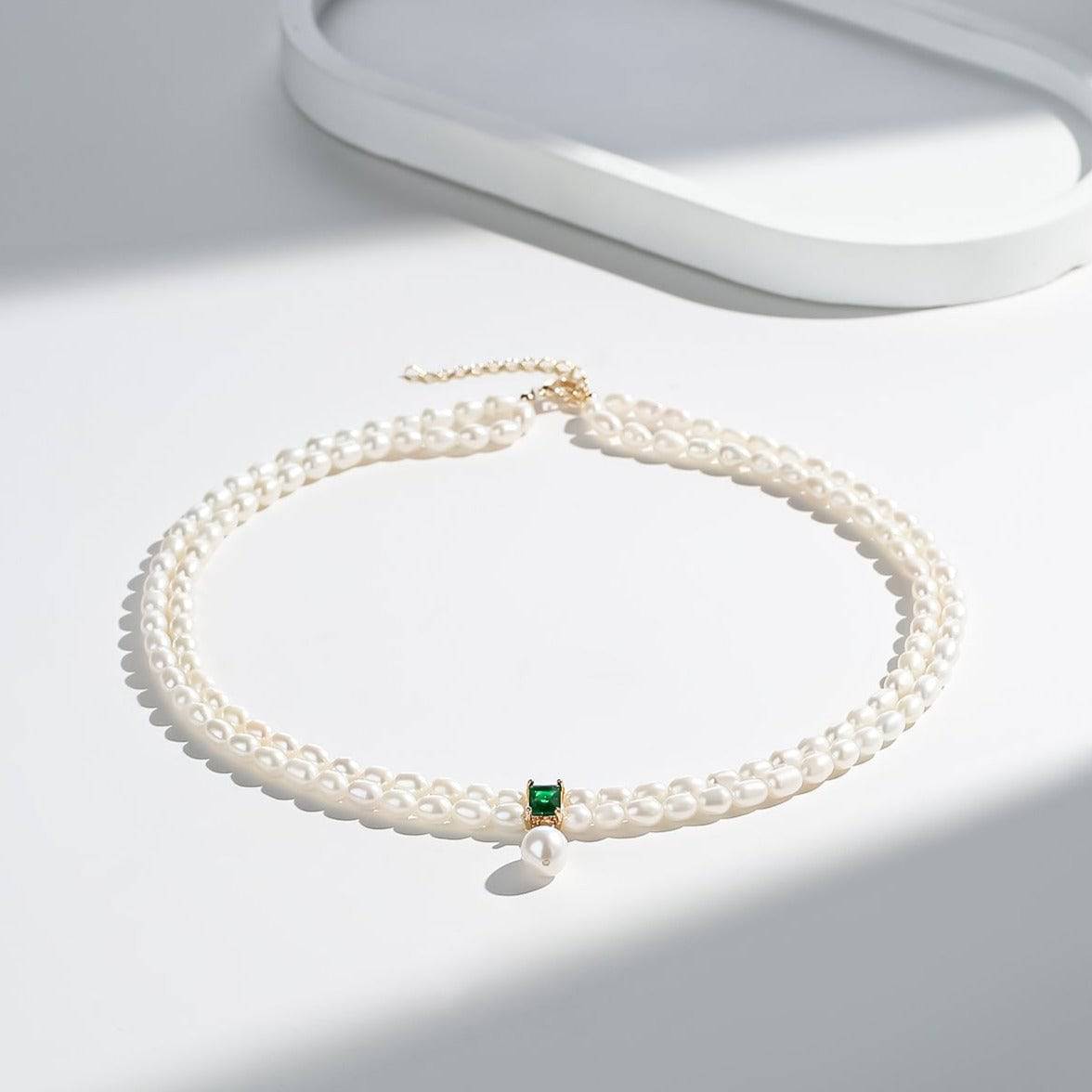 Slim Freshwater Pearl Double Strand Necklace with Emerald