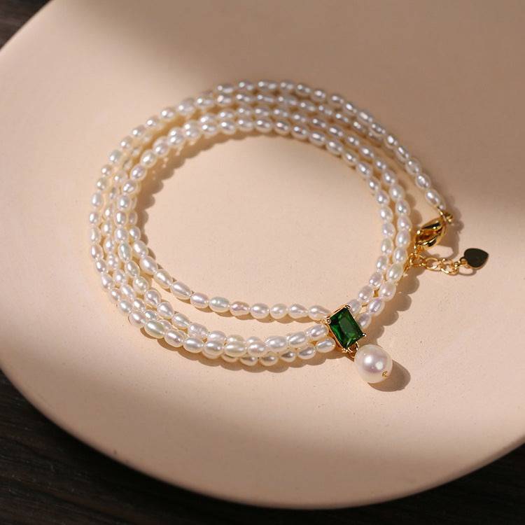 Slim Freshwater Pearl Double Strand Necklace with Emerald