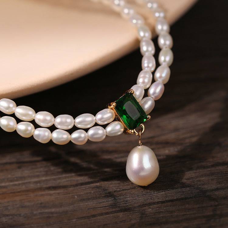 Slim Freshwater Pearl Double Strand Necklace with Emerald