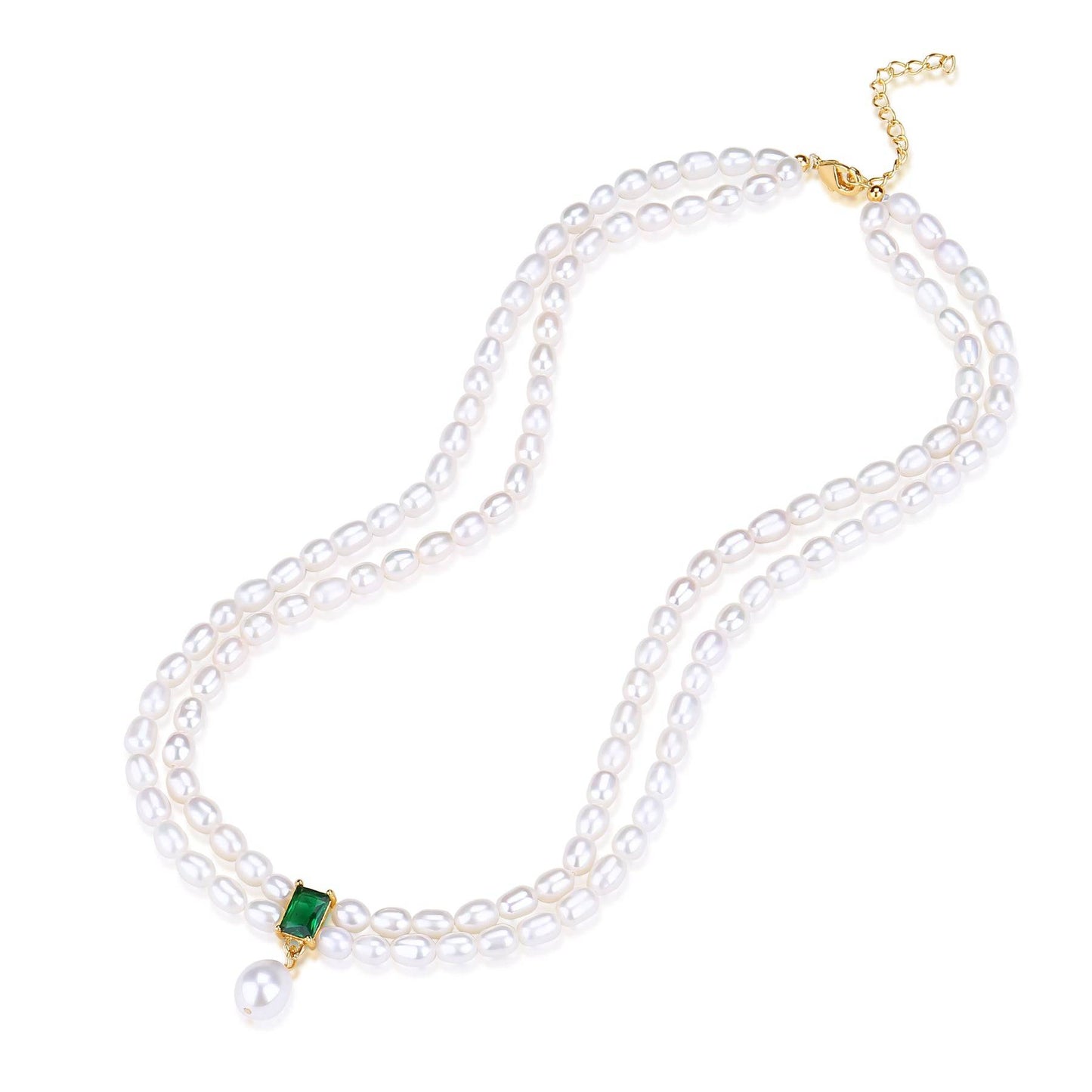 Slim Freshwater Pearl Double Strand Necklace with Emerald