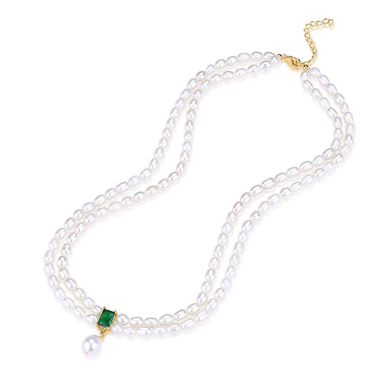 Slim Freshwater Pearl Double Strand Necklace with Emerald