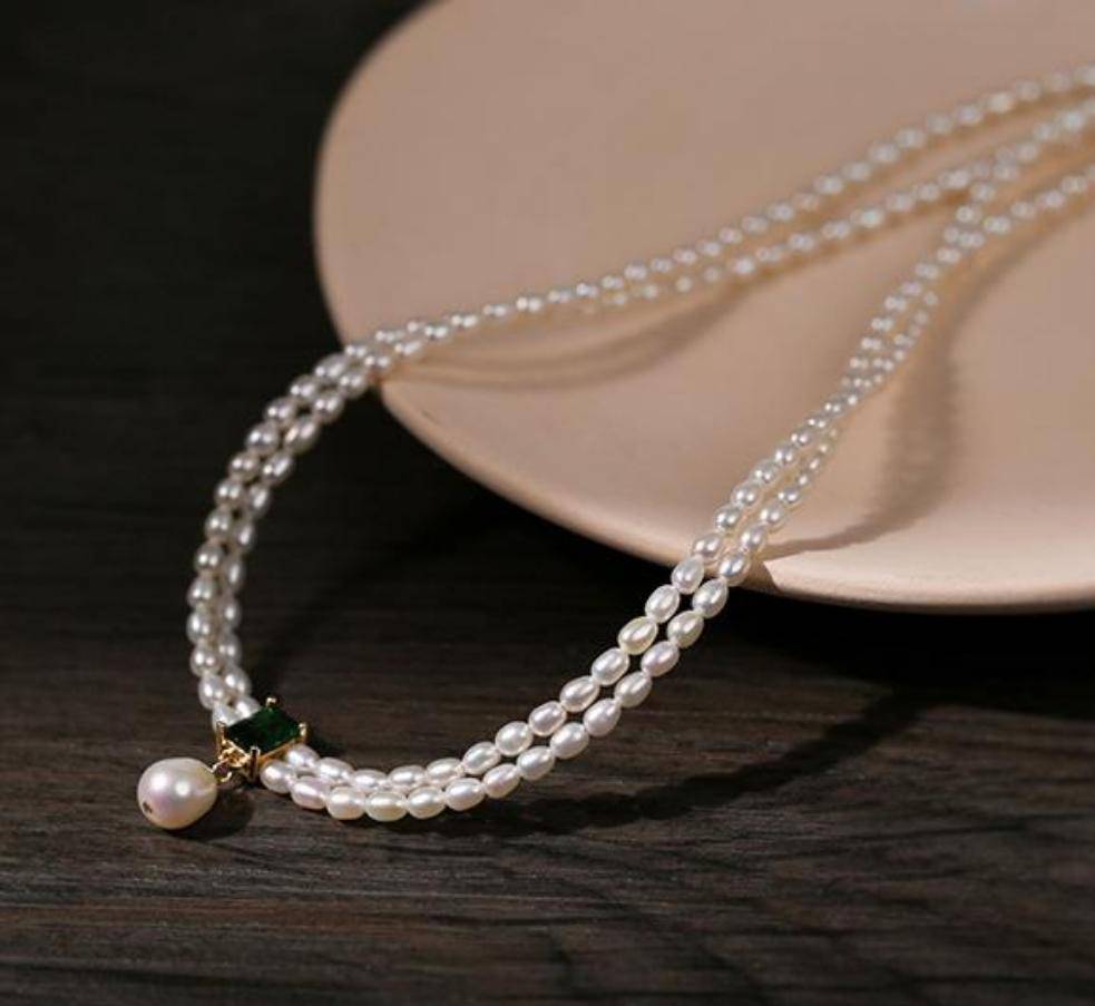 Slim Freshwater Pearl Double Strand Necklace with Emerald