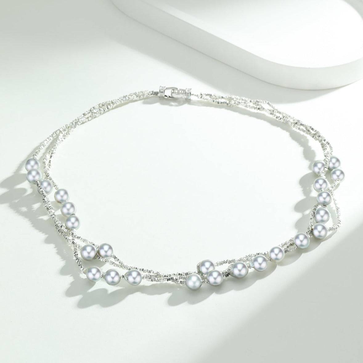 Triple Layer Silver Akoya Pearl Necklace with Blue Seawater