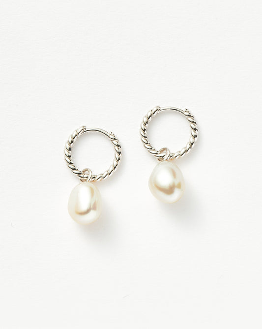 Small Pearl Drop Hoop Earrings in Sterling Silver