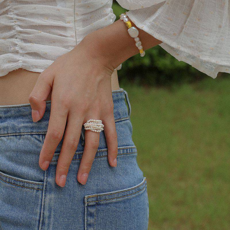 Layered Rice Pearl Cluster Ring Design