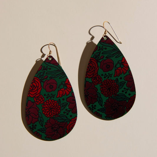 Floral Teardrop Earrings in Red Midnight Design