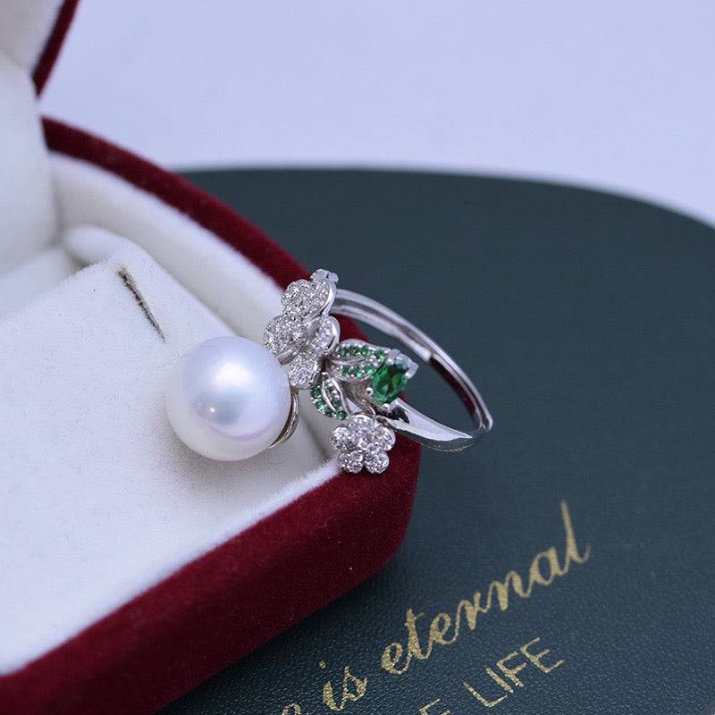 Freshwater Pearl and Floral Green CZ Ring