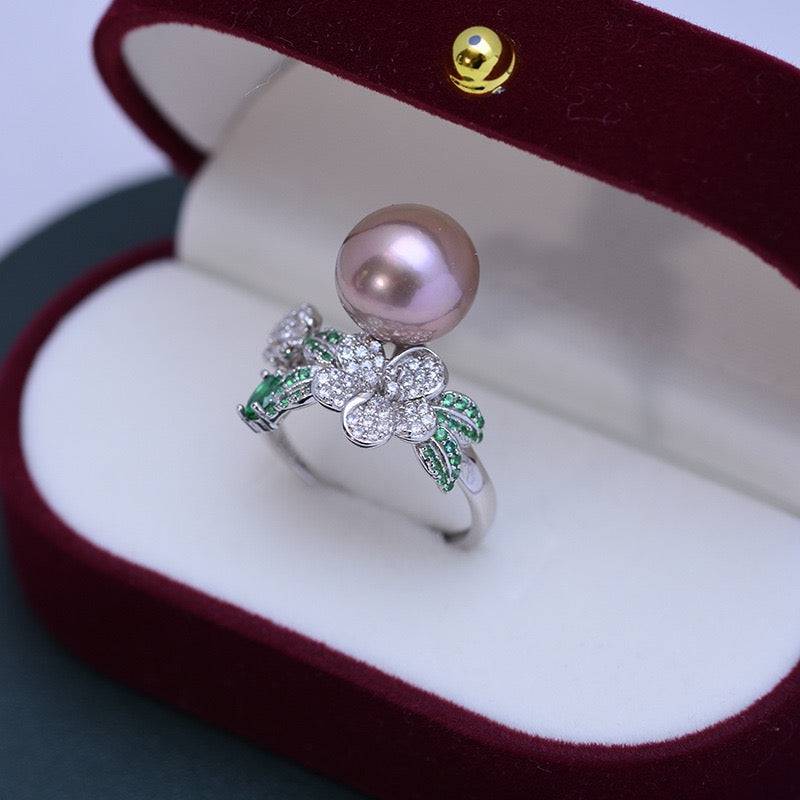 Freshwater Pearl and Floral Green CZ Ring