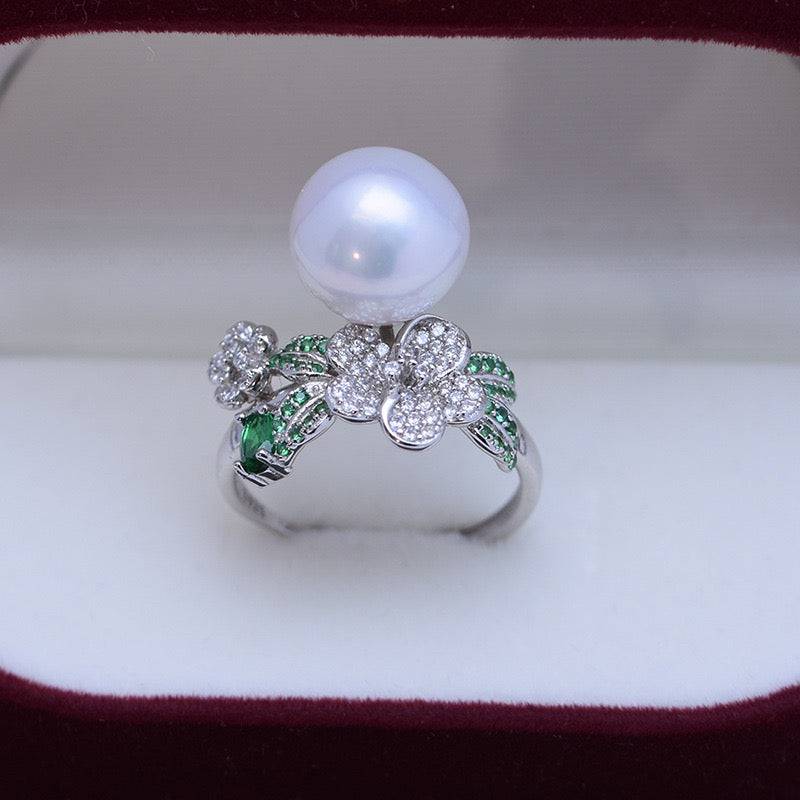 Freshwater Pearl and Floral Green CZ Ring