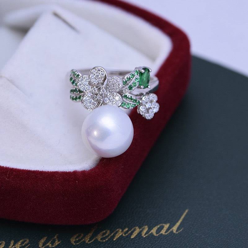 Freshwater Pearl and Floral Green CZ Ring