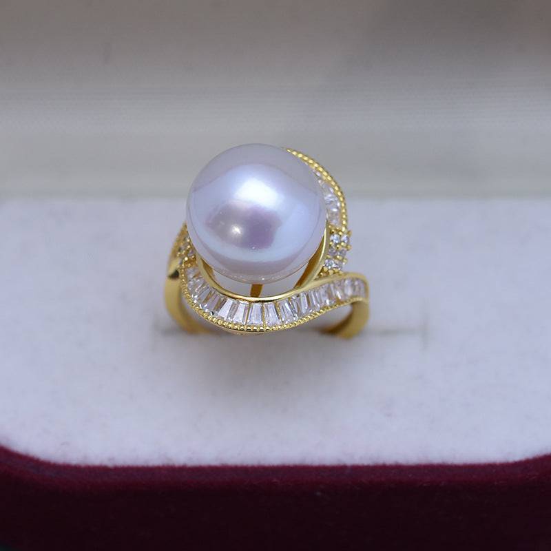 Large Freshwater Pearl and CZ Rose Ring