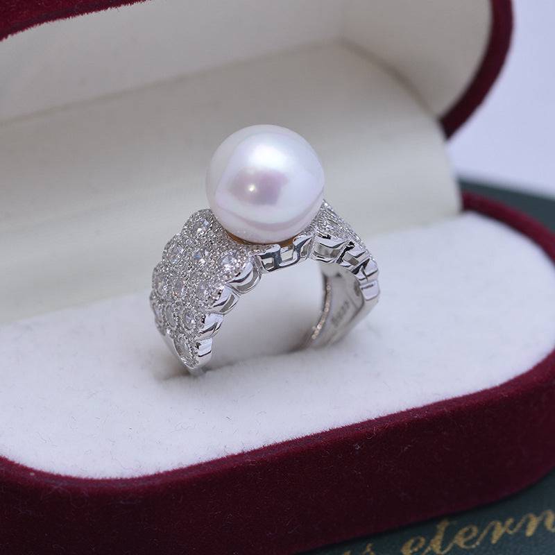 Wide Ring with Freshwater Pearls and CZ Stones