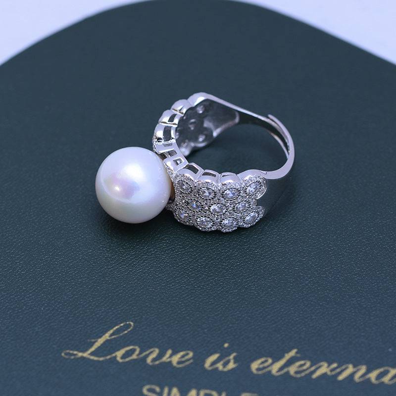 Wide Ring with Freshwater Pearls and CZ Stones