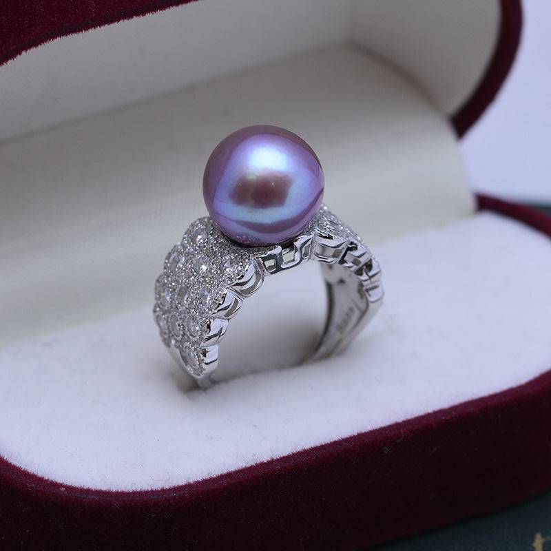 Wide Ring with Freshwater Pearls and CZ Stones