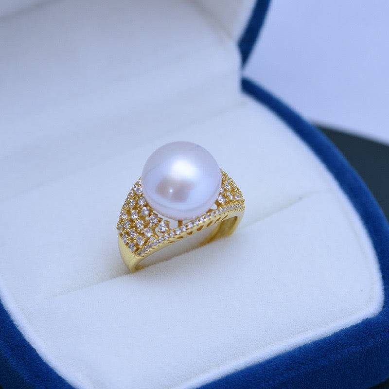 Wide Ring with Freshwater Pearls and CZ