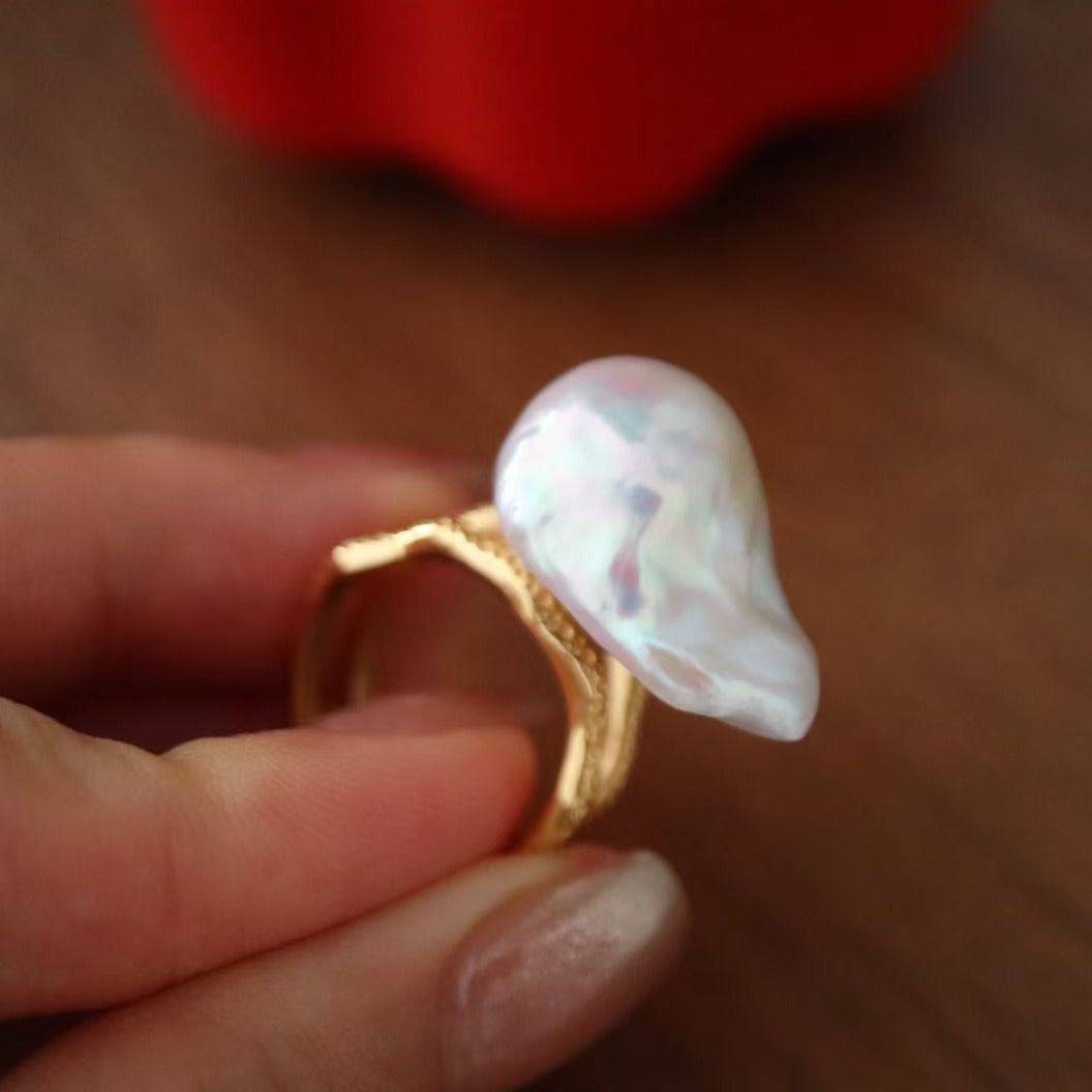 Large Natural Pearl Ring in Gold Vermeil