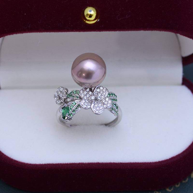 Freshwater Pearl and Floral Green CZ Ring