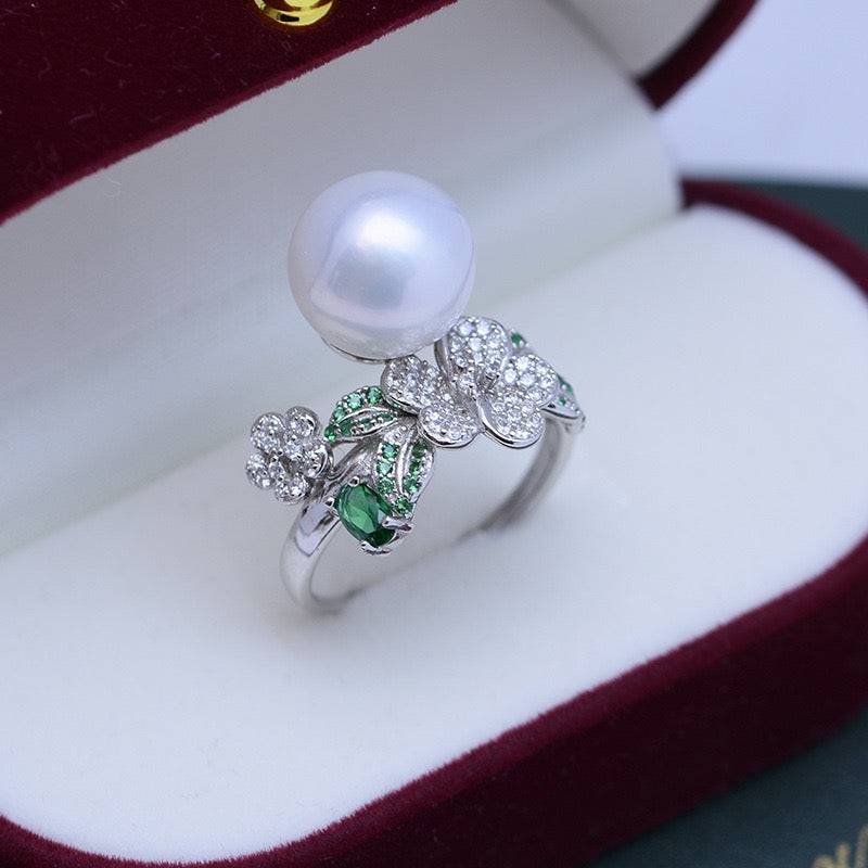 Freshwater Pearl and Floral Green CZ Ring