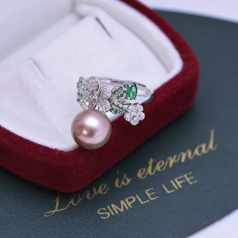 Freshwater Pearl and Floral Green CZ Ring