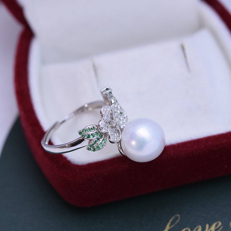 Freshwater Pearl and Floral Green CZ Ring