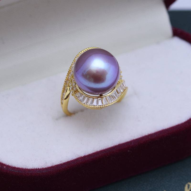 Large Freshwater Pearl and CZ Rose Ring