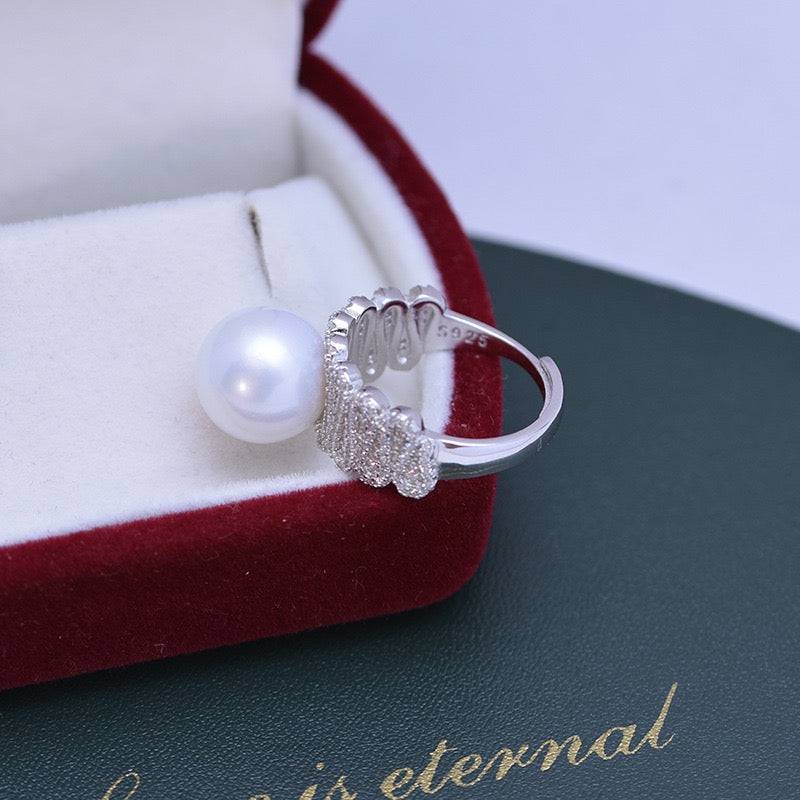 Wide Freshwater Pearl and CZ Ring in Silver