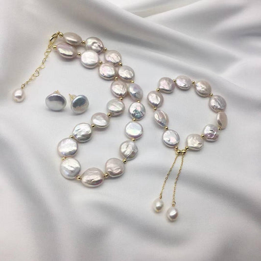 Coin Pearl Necklace Earrings and Bracelet Set