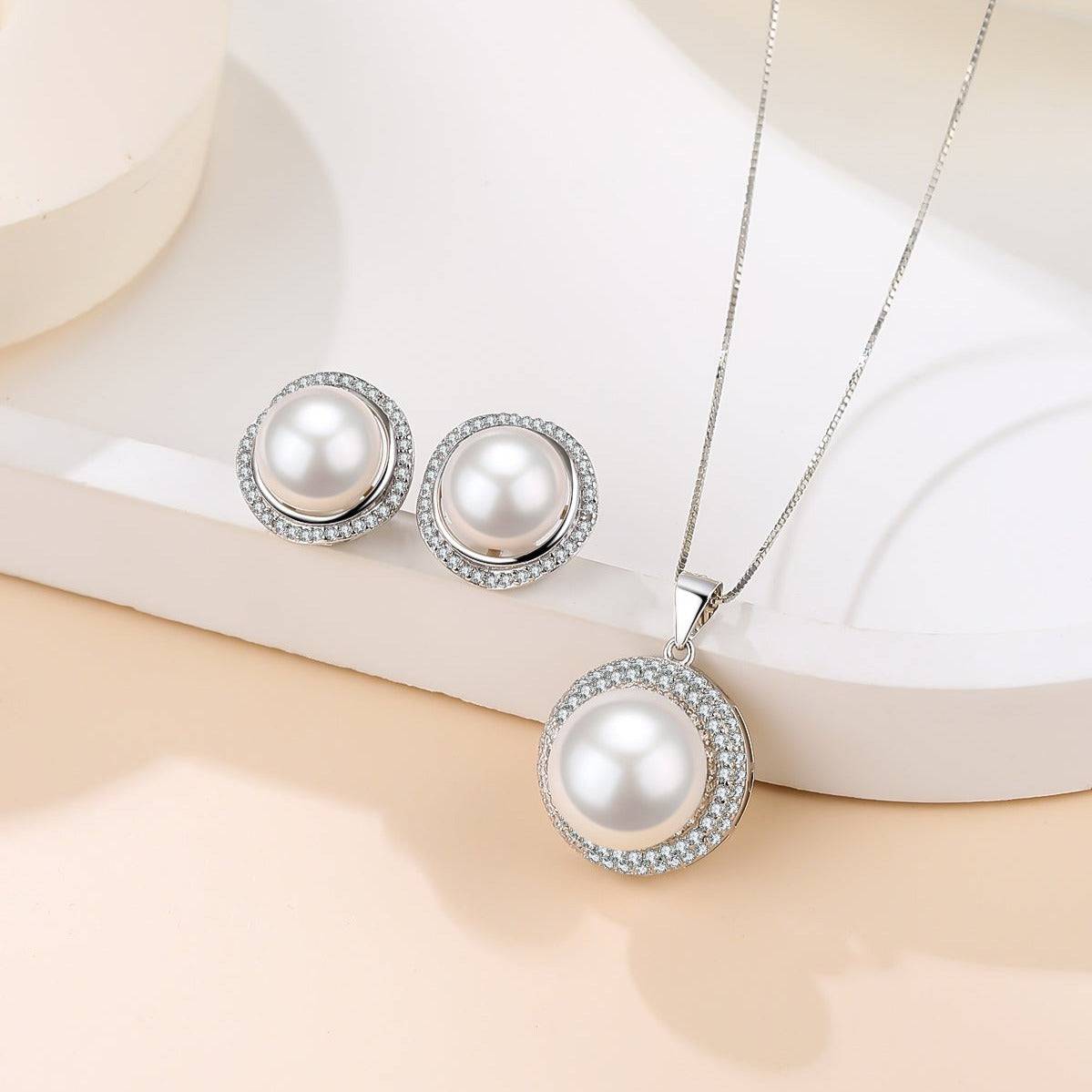 White Freshwater Pearl Button Pendant Stud Earrings Set