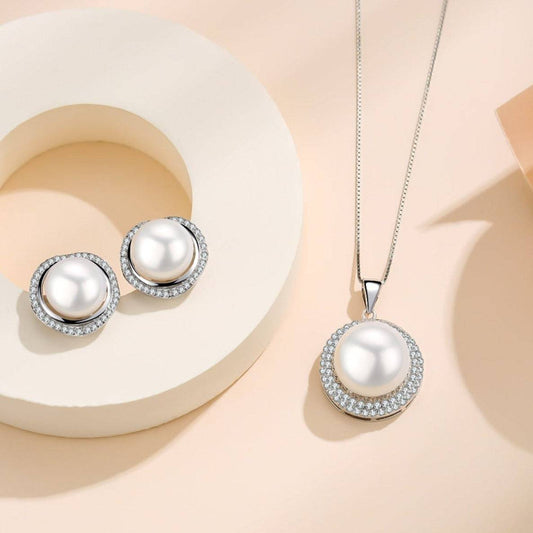 White Freshwater Pearl Button Pendant Stud Earrings Set