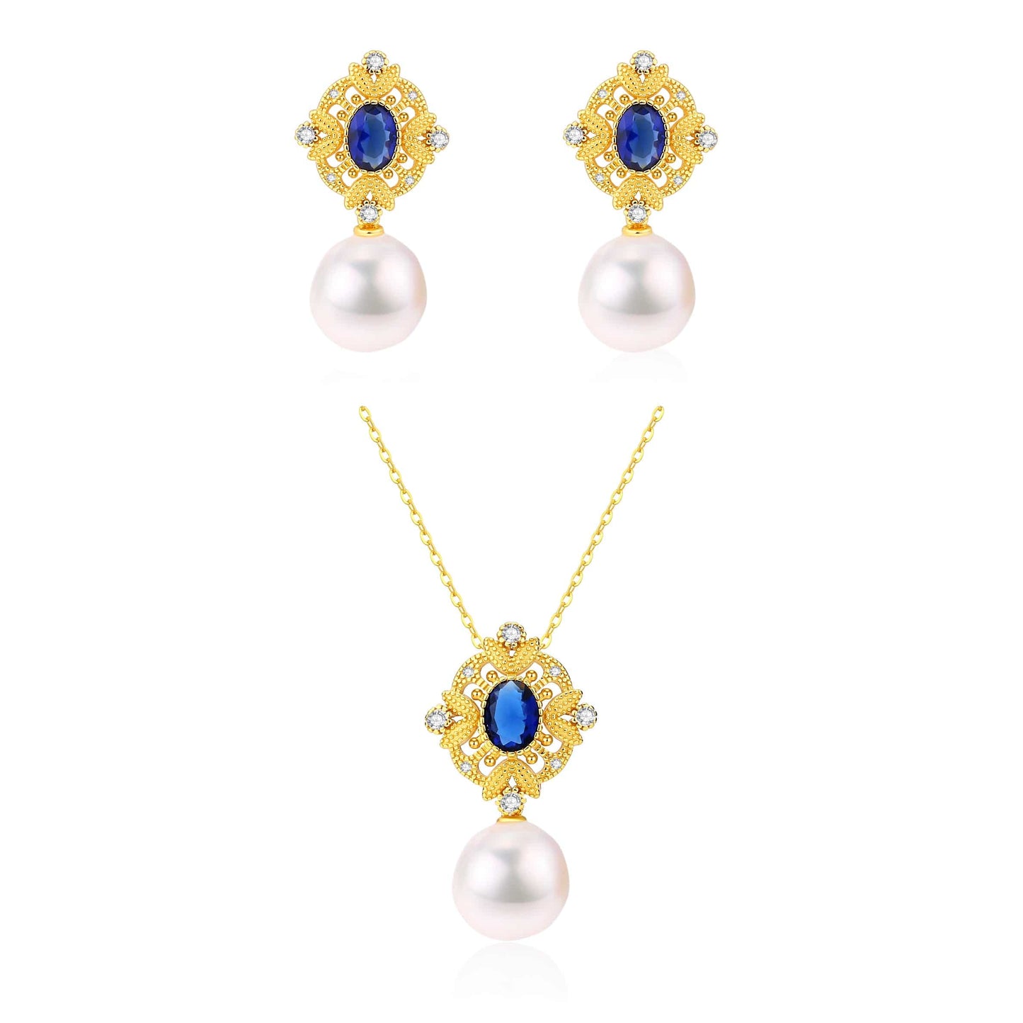 Vintage Baroque Pearls Sapphire Pendant Necklace and Earrings