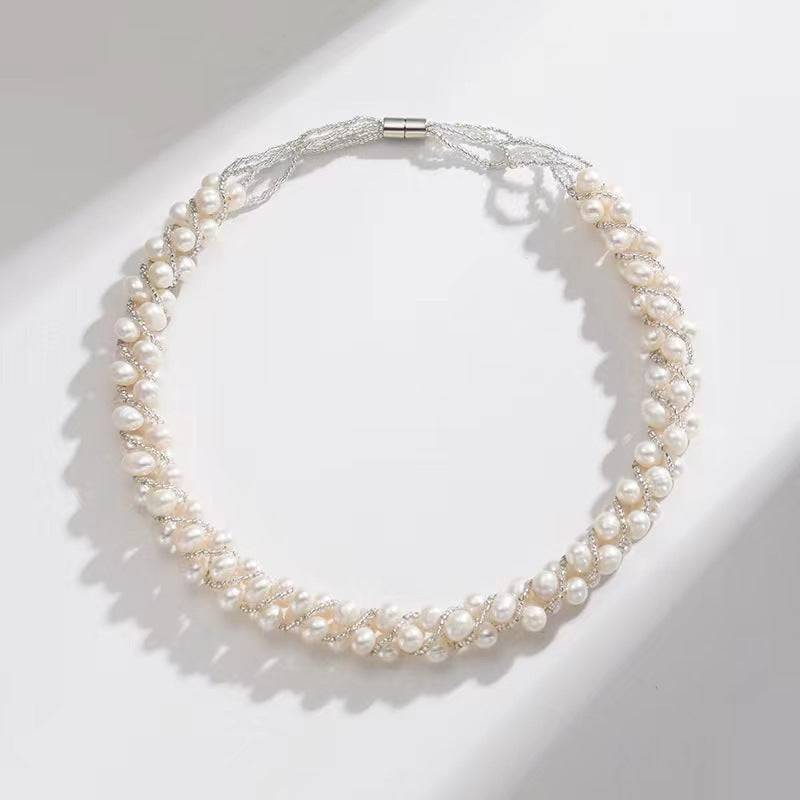 Twist Braided Necklace and Bracelet with White Freshwater Pearls