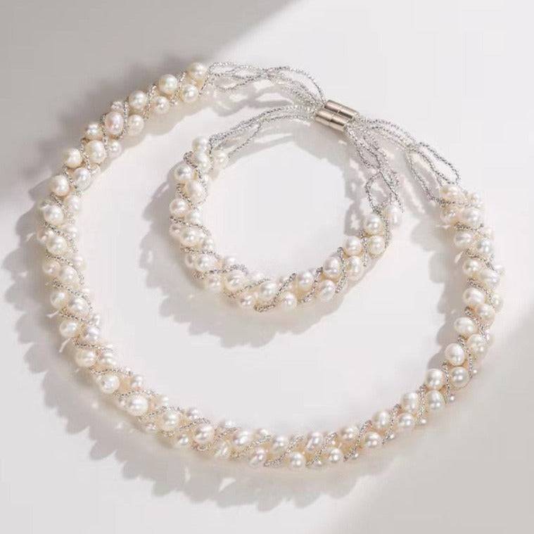 Twist Braided Necklace and Bracelet with White Freshwater Pearls