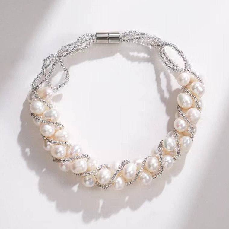 Twist Braided Necklace and Bracelet with White Freshwater Pearls