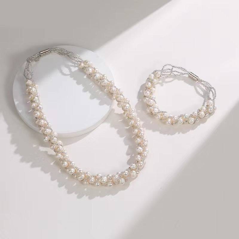 Twist Braided Necklace and Bracelet with White Freshwater Pearls