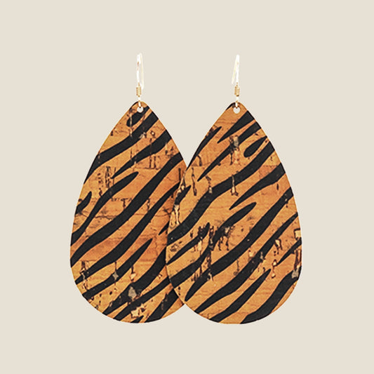 Teardrop Cork Earrings in Tiger Print Design