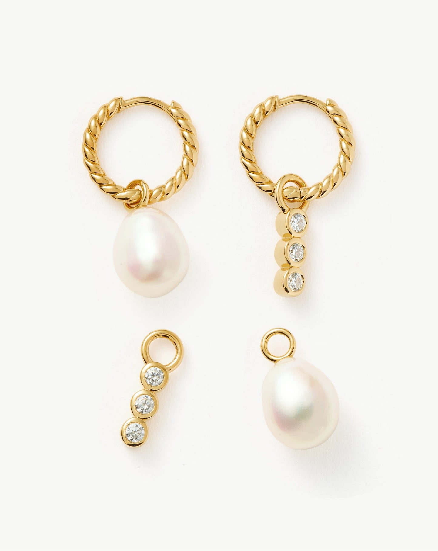 Twisted Pearl and Drop Hoop Earrings Set in Gold Plated Vermeil